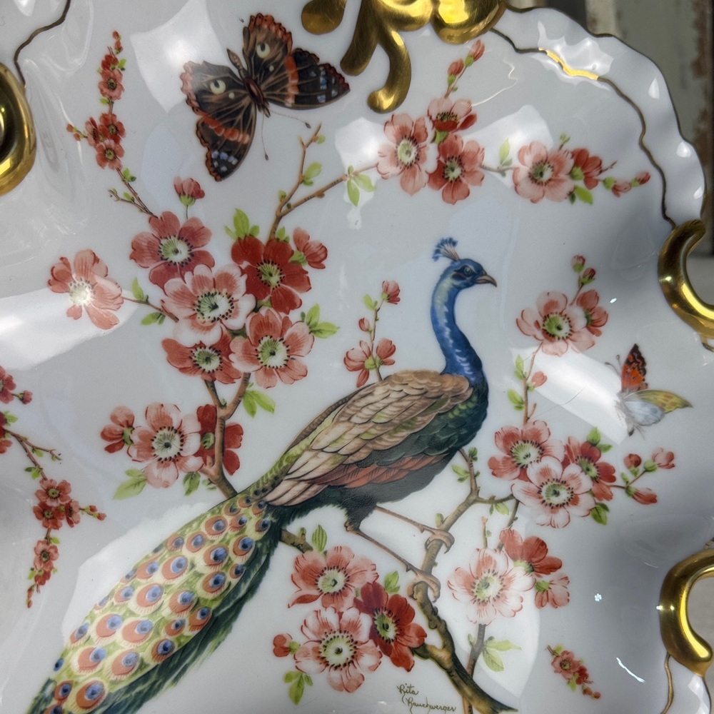 Gold-Trimmed Floral Peacock Serveware Dish - Picture 10 of 16